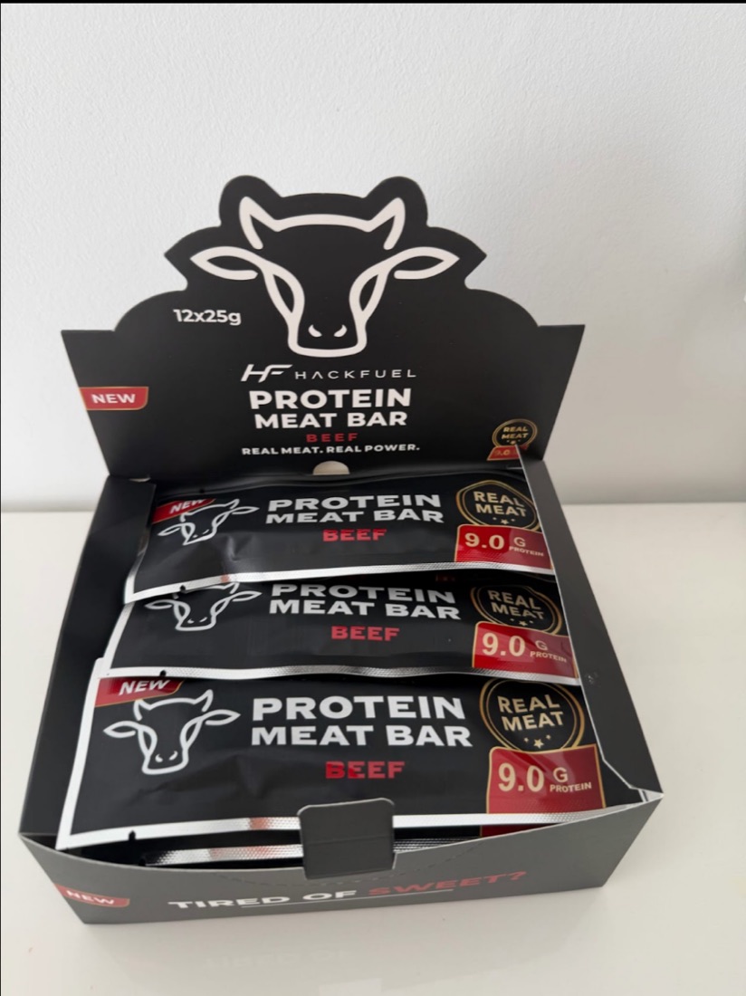 Open HackFuel beef display box with 12 bars