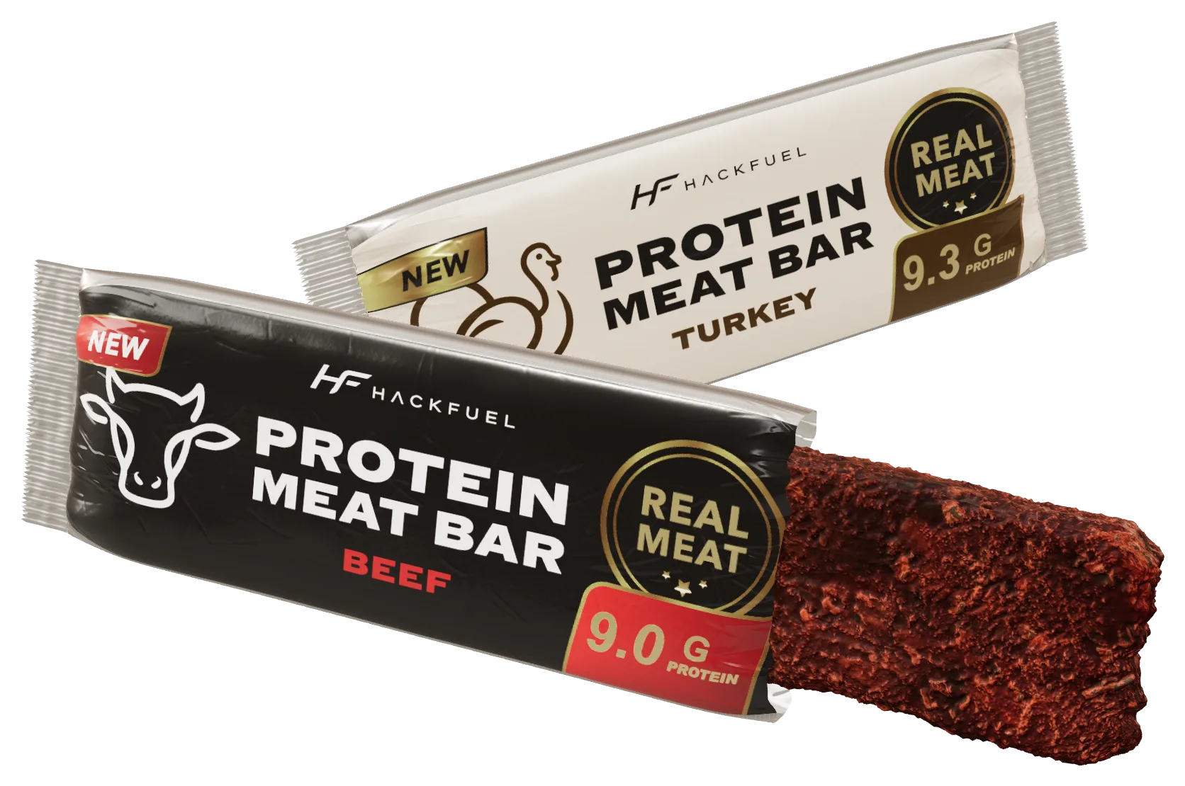 HackFuel beef bar sliding out of its pack, with the turkey pack behind