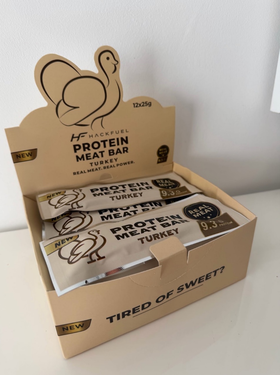 Open HackFuel turkey display box with 12 bars